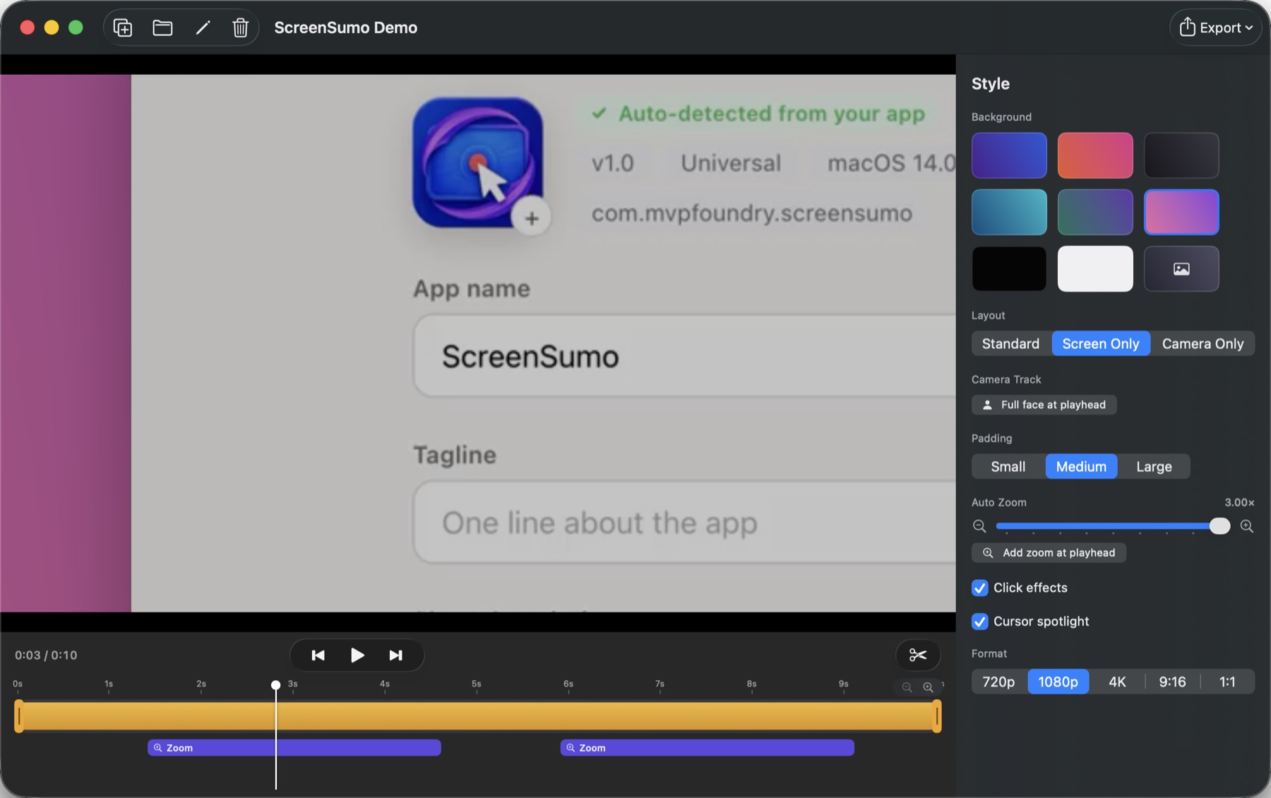The ScreenSumo editor: a recording on a gradient background with the auto-zoom strength slider, click effects, cursor spotlight, and 720p / 1080p / 4K / 9:16 / 1:1 export formats, with two automatic zoom segments on the timeline